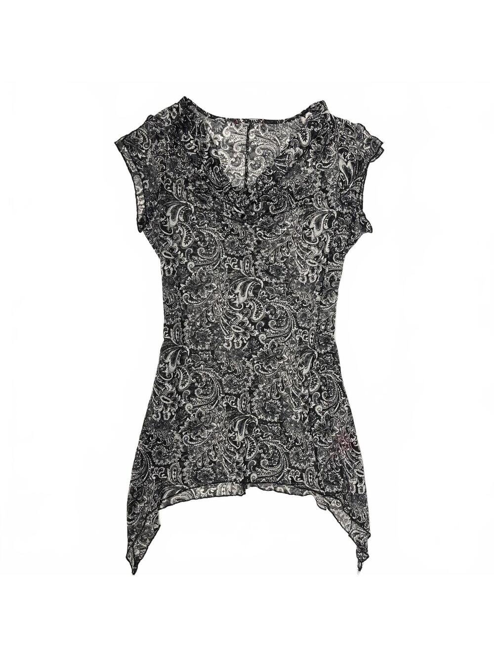 Y2K San Francisco Black White Paisley Print Cowl Neck Sheer Mesh Dress Sz L